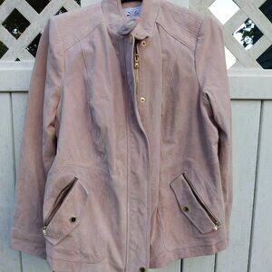 Isaac Mizrahi Women's 22W Suede Flight Jacket Coat Blush Pink Leather Zip